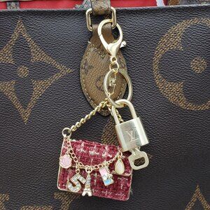 Authentic Louis Vuitton Lock & Key with Unbranded Tweed Bag Charm, Keychain